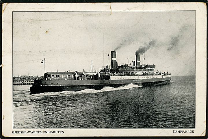5 øre Fr. VIII på brevkort (DSB dampfærge på Gjedser-Warnemünde overfarten) annulleret med brotype Ia skibsstempel Gjedser Færgehal d. 18.?.1911 til Tyskland. Stempel benyttet 1909-1914.