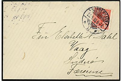 10 øre Chr. X på brev fra Kjøbenhavn *II.* d. 29.4.1915 via Kjøbenhavn B. d. 29.4.1915 til Vaag på Suderø, Færøerne. På bagsiden ank.stemplet brotype Ia Vaag d. 8.5.1915. 