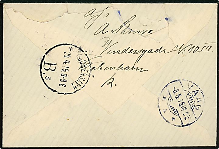 10 øre Chr. X på brev fra Kjøbenhavn *II.* d. 29.4.1915 via Kjøbenhavn B. d. 29.4.1915 til Vaag på Suderø, Færøerne. På bagsiden ank.stemplet brotype Ia Vaag d. 8.5.1915. 