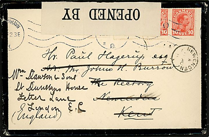 10 øre Chr. X (4) på sørgebrev fra Kjøbenhavn d. 26.7.1916 til Newenden, England - eftersendt til London. Åbnet af britisk censur no. 1418.