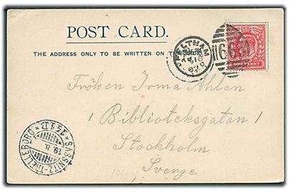 1d Edward VII på brevkort stemplet Feltham/663 d. 16.8.1902 til Stockholm, Sverige. Svensk skibsstempel Sassnitz-Trelleborg 141B d. 19.8.1902.