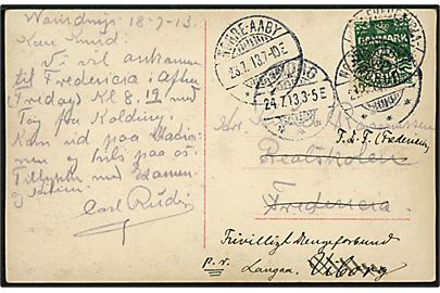 5 øre Bølgelinie på brevkort fra Vamdrup annulleret med bureaustemepel Fredericia - Vamdrup T.949 d. 18.7.1913 til Fredericia - eftersendt fra Nørre-Aaby d. 23.7.1913 til F.D.F. (Frivilligt Drengeforbund) i Viborg og siden i Langaa. 