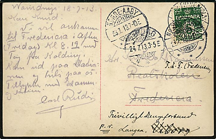 5 øre Bølgelinie på brevkort fra Vamdrup annulleret med bureaustemepel Fredericia - Vamdrup T.949 d. 18.7.1913 til Fredericia - eftersendt fra Nørre-Aaby d. 23.7.1913 til F.D.F. (Frivilligt Drengeforbund) i Viborg og siden i Langaa. 