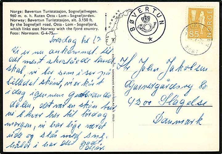 85 øre på brevkort (Bøvertun Turiststation) annulleret Bøverdalen d. 12.7.1974 og sidestemplet med kronet posthornstempel BØVERTUN til Slagelse, Danmark.