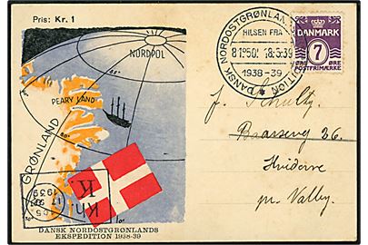 7 øre Bølgelinie på ekspeditions brevkort annulleret Dansk Nordostgrønlandsekspedition d. 18.5.1939 til Hvidovre pr. Valby. Ank.stemplet med blanketmaskinstempel Kh. K. d. 17.9.1939.