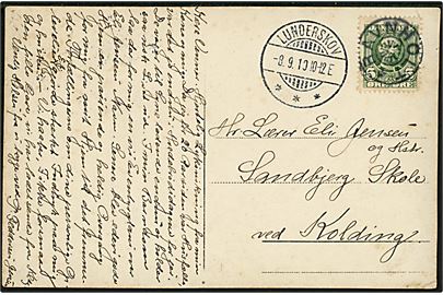 5 øre Fr. VIII på brevkort (Veerst skole) annulleret med stjernestempel RAVNHOLT og sidestemplet Lunderskov d. 8.9.1910 til Sandbjerg skole pr. Kolding.