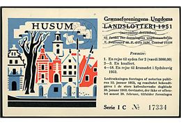 Husum, Grænseforeningens Ungdoms Landslotteri 1951. Frankeret med 15 øre Fr. IX og Julemærke 1951 fra Sorø d. 22.12.1951 til Hellerup.