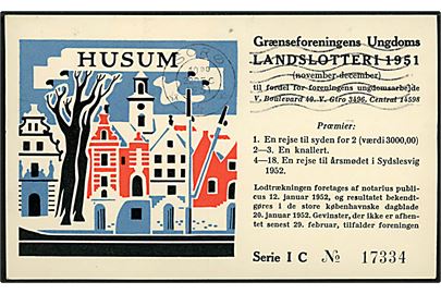 Husum, Grænseforeningens Ungdoms Landslotteri 1951. Frankeret med 15 øre Fr. IX og Julemærke 1951 fra Sorø d. 22.12.1951 til Hellerup.