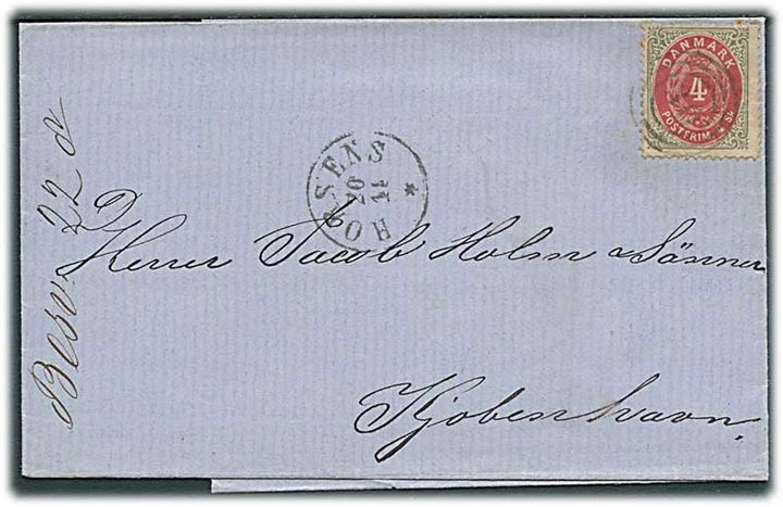 4 sk. Tofarvet på brev annulleret med nr.stempel 30 og sidestemplet antiqua Horsens d. 20.11.1872 til Kjøbenhavn.