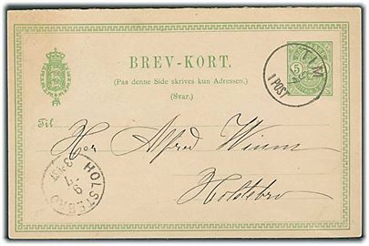 5 øre Våben svardel af dobbeltbrevkort annulleret med lapidar Tim d. 9.7.1890 til Holstebro.