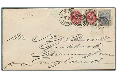 4 øre og 8 øre (2) Tofarvet på brev annulleret med kombineret nr.stempel 34/Kjøbenh.Baneg. d. 29.10.1876 til Birmingham, England. Kuvert med mindre skader.