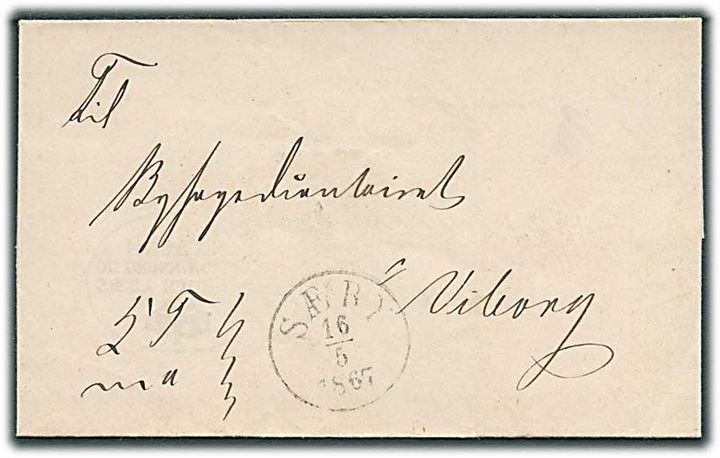 1867. Ufrankeret tjenestebrev med antiqua Sæby d. 16.5.1867 via Aalborg og J.Tværb.P.SP.B. til Viborg.