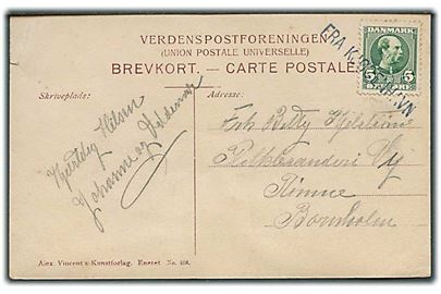 5 øre Chr. IX på brevkort annulleret med skibsstempel Fra Kjøbenhavn til Rønne på Bornholm. Kort med hjørneknæk.