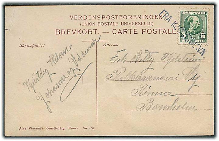 5 øre Chr. IX på brevkort annulleret med skibsstempel Fra Kjøbenhavn til Rønne på Bornholm. Kort med hjørneknæk.