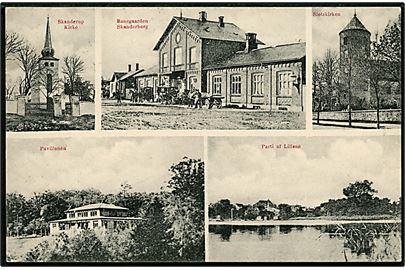Skanderborg, partier med jernbanestation, Skanderup kirke, Slotskirke, Pavillon og Lillesø. J.J.N. no. 3712.