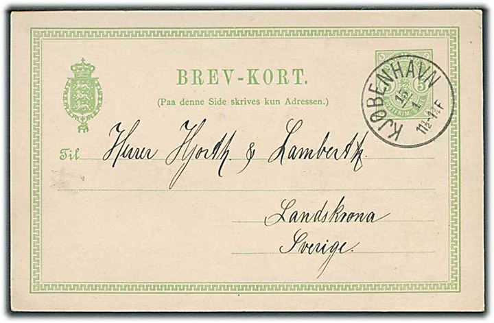 5 øre Våben helsagsbrevkort fra Kjøbenhavn d. 15.1.1890 til Landskrona, Sverige.