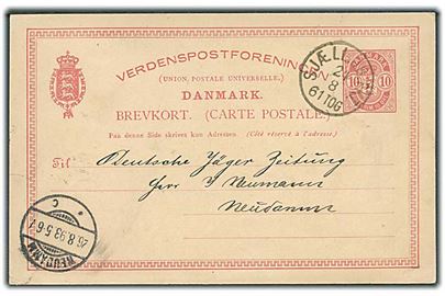 10 øre Våben helsagsbrevkort fra København annulleret med bureaustempel Sjæll.JB.PKT. d. 24.8.1893 til Neudamm, Tyskland.