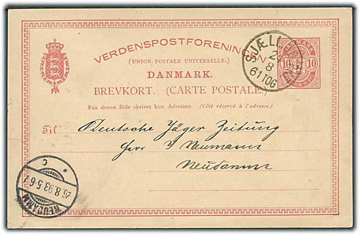 10 øre Våben helsagsbrevkort fra København annulleret med bureaustempel Sjæll.JB.PKT. d. 24.8.1893 til Neudamm, Tyskland.