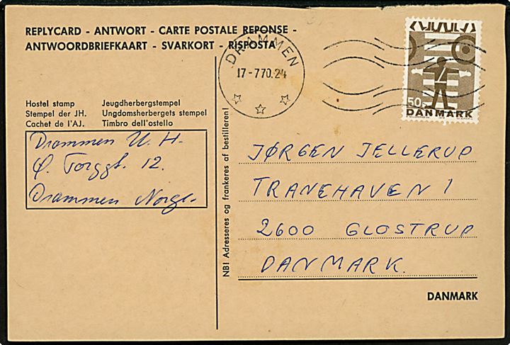 50 øre Trafiksikkerhed på internationalt svarkort annulleret med norsk stempel i Drammen d. 17.7.1970 til Glostrup, Danmark.