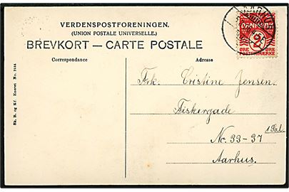 2 øre Bølgelinie på brevkort (Skuespillerinde Bjerre Jensen) sendt som lokal tryksag i Aarhus d. 5.3.1906.