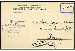 1 øre (3) og 2 øre Bølgelinie på billedside af brevkort (Købh., Rosenborg slot) sendt som tryksag fra Kjøbenhavn d. 25.8.1908 til tysk soldat ved 1. Komp. Gesandtschafs Schutz Wache i Peking, Kina. Påskrevet via Siberia.