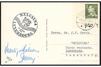 35 øre Fr. IX med marginal L005 på fluorescerende papir på brevkort fra Århus d. 13.4.1963 til poste restante i Luxemburg. Ank.stemplet med særstempel Melusina Luxembourg d. 15.4.1963. 