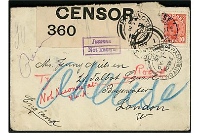 10 øre Chr. X (2) på brev fra Odense d. 24.3.1915 til London, England. Forespurgt flere gange og returneret som ubekendt. Åbnet af britisk censur no. 360.