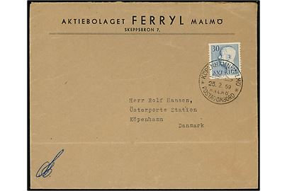 30 öre Gustaf på brev fra Malmö annulleret med svensk skibsstempel Köpenhamn - Malmö / Malmö / * Postad ombord * d. 25.2.1959 til København, Danmark. Fold.