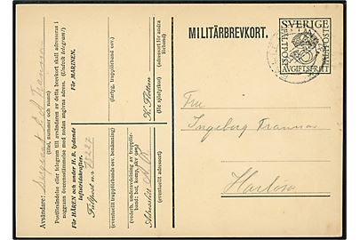 Militärbrevkort annulleret med manøvre feltpoststempel Fältpost Nr. 4 d. 20.9.1933 til Harlösa. Sendt fra soldat med afs. Fältpost no. 75227 Adresslitt A.R. og iflg. meddelelse skrevet i Torsås.  