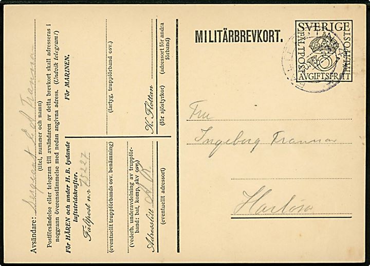 Militärbrevkort annulleret med manøvre feltpoststempel Fältpost Nr. 4 d. 20.9.1933 til Harlösa. Sendt fra soldat med afs. Fältpost no. 75227 Adresslitt A.R. og iflg. meddelelse skrevet i Torsås.  