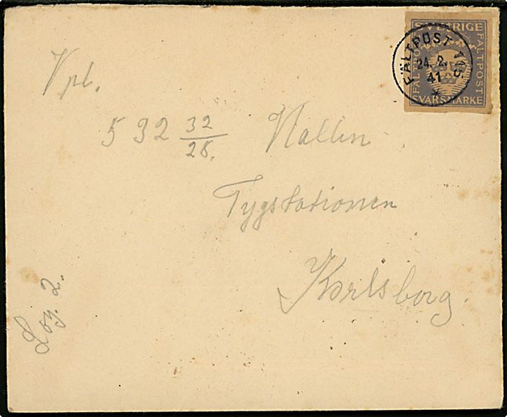 Fältpost Svarmärke frankeret brev annulleret Fältpost 115 d. 24.2.1941 til soldat i Karlsborg. 