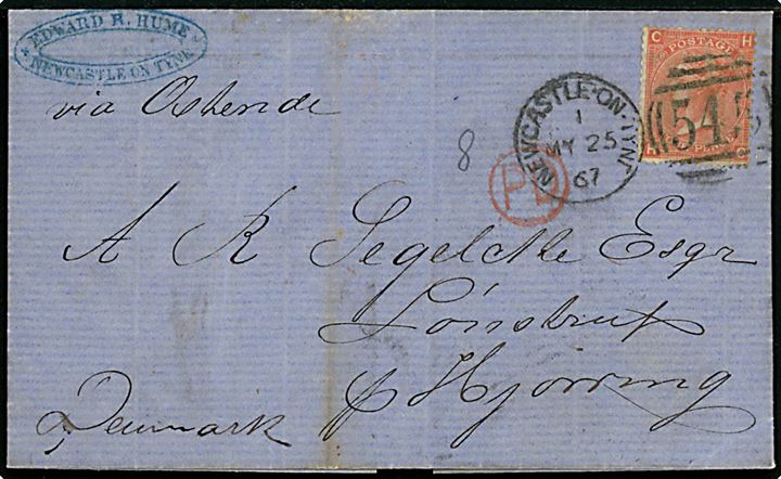 4d Victoria 8. tryk single på brev annulleret med duplex Newcastle-on-Tyne / 545 d. 25.5.1867 til Lønstrup pr. Hjørring, Danmark.