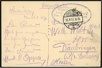Ufrankeret feltpostkort (havneparti fra Sonderburg) stemplet Sonderburg d. 25.8.1917 til Daubringen, Hessen. Ovalt censurstempel: Geprüft Sonderburg (dato) Gen. Komp. Ers. Batl. Ldw. Jnf. Reg. 85.