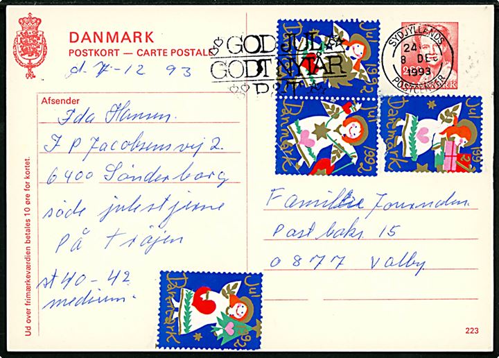 2,80 kr. Margrethe helsagsbrevkort (fabr. 223) med Julemærke 1992 fra Sønderborg annulleret Sydjyllands Postcenter d. 8.12.1993 til Valby.