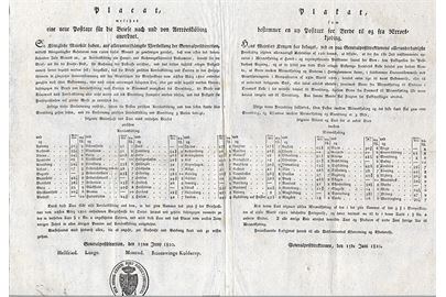 Plakat som bestemmer en ny Posttaxt for Breve til og fra Ærøeskjøbing. 2-sproget. Dateret Generalpostdirectionen d. 15.6.1810. 36x44 cm. Foldet.