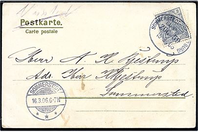 2 pfg. Germania på lokalt brevkort annulleret med bureau Sommerstedt - Schottburg Bahnpost Zug 59 d. 15.3.1906 og påskrevet “Oerstedt” til Sommerstedt. Eksempel på at lokalforsendelser annulleret i jernbanepostbureauer fik noteret afsendelsessted. Sjælden.