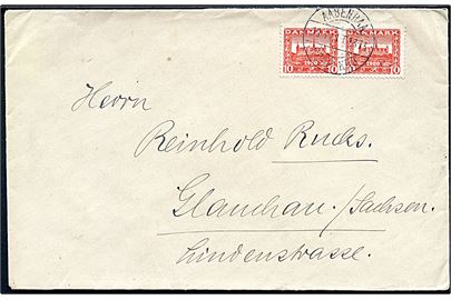 10 øre Genforening i parstykke på brev annulleret med bureaustempel Aabenraa - Røde Kro T.1373 d. 19.1.1921 til Glanchau, Tyskland.