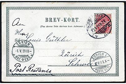 10 øre Våben m. matricefejl “Streg til venstre for våben-skjold” på brevkort (Hilsen fra Danmark, Furesøen) fra Kjøbenhavn d. 29.4.1899 til poste restante i Zürich, Schweiz.