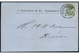 5 øre Våben 2. tryk små hjørnetal single på tryksag annulleret med lapidar Kjøbenhavn K.B. d. 30.12.1882 til Risør, Norge. Attest Nielsen. AFA: 12.000,-