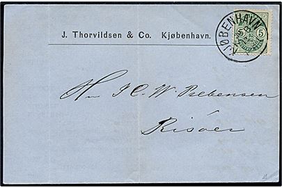 5 øre Våben 2. tryk små hjørnetal single på tryksag annulleret med lapidar Kjøbenhavn K.B. d. 30.12.1882 til Risør, Norge. Attest Nielsen. AFA: 12.000,-