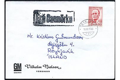 60 øre Sonne på firmakuvert sendt som skibsbrev fra Tórshavn annulleret med islandsk stempel i Reykjavik d. 16.8.1968 og sidestemplet “Frá Danmörku” til Reykjavik, Island. 