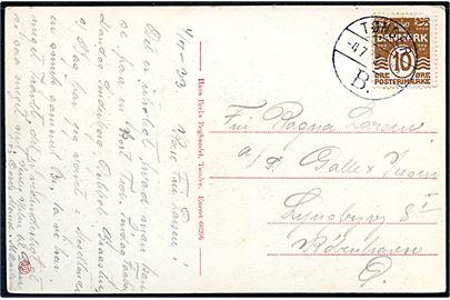 10 øre Bølgelinie på brevkort annulleret med brotype Vb Tønder B. d. 4.7.1933 til København. Anvendt omkring 1 måned senere end registreret af Vagn Jensen og Daka. 