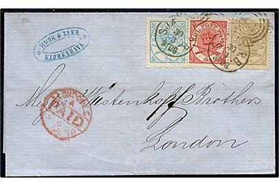 2 sk., 4 sk. og 8 sk. Krone/Scepter på 14 sk. frankeret brev i dansk-engelsk brevpakke fra Kjøbenhavn med kombineret nr.-stempel “181”/Sjæll.P.B. d. 30.3.1870 til London, England. Ank.stemplet i London d. 2.4.1870. 