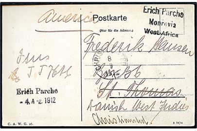 Liberia 2 cents på billedside at brevkort (Monrovia Signalturm) sendt som tryksag fra Monrovia d. 4.8.1912 til St. Thomas, D.V.I. - eftersendt til Christiansted og ank.stemplet Christiansted d. 8.9.1912.
