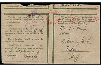 Ufrankeret britisk Honour Envelope med rødt stempel London Gt. Britain / “Official Paid” til Tipton, England. Violet type A5 unit censur: PASSED BY CENSOR No. 4331 som er registreret anvendt på Færøerne. Kuvert afkortet i toppen.