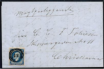 4 skilling Oscar I på brev med langt indhold dateret i Frederikstad d. 21.6.1857 annulleret med 3-ringsstempel “42” til Christiania.
