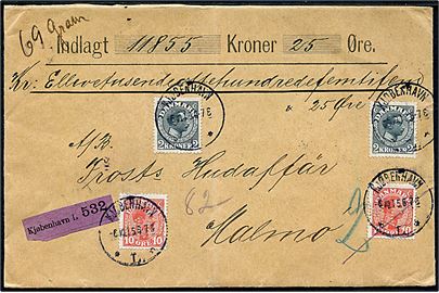 10 øre Chr. X (2) med perfin “M.Co.”, samt 2 kr. Chr, X (2), på 4,20 kr. frankeret værdibrev fra firma Marcus & Co. i Kjøbenhavn d. 6.10.1915 til Malmö, Sverige. Perfin anvendt 8 måneder senere end reg. i katalog.