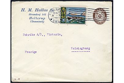 20 øre helsagskuvert (fabr. K-36) med Julemærke 1923 fra København d. 3.1.1924 til Helsingborg, Sverige.