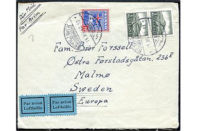 10 aur Flag og 1 kr. Hekla (par) på 210 aur frankeret luftpostbrev med julekort fra Reykjavik d. 14.12.1940 til Malmö, Sverige. Ingen tegn på censur.