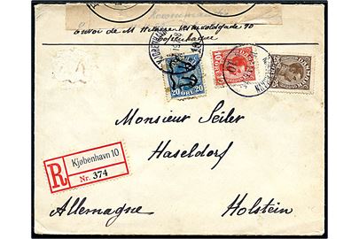 10 øre og 25 øre Chr. X på anbefalet brev fra Kjøbenhavn 10 d. 16.7.1919 kl. 6-7E opfrankeret med 20 øre Chr. X (defekt) med påskrift “A.R.” (= Modtagelsesbevis) og annulleret d. 16.7.1919 7-8E til Haseldorf, Tyskland. Åbnet af tysk valutakontrol i Flensburg.